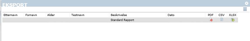 Klikk på ikonet for å velge om du vil eksportere rådata ( datarad ), standardpoeng ( normdata ) eller informasjon fra egne felt. Bilde 68.