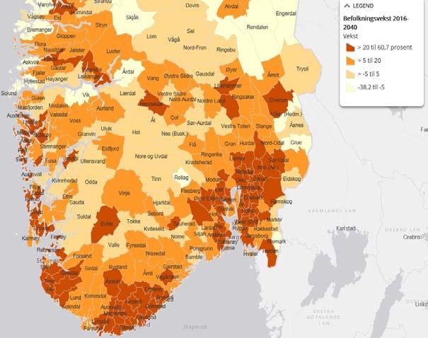 Et markedsområde med sterkt vekstpotensial Befolkningsveksten forventes å være betydelig på det sentrale Østlandet Befolkningsfremskrivning 2016-2040 Befolkningsfremskrivning, kommuner 2016-2040 2.