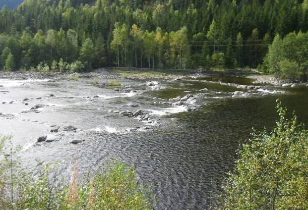 NIVA 5671-2008 Figur 14. Strekningen Norefjorden Rødberg. På bildet til venstre er vannføringen 5,5 m 3 /s, på bildet til høyre er den 3,5 m 3 /s.