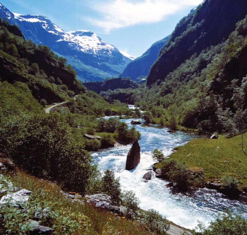 Flåmsdalen sett fra Høgabrui og oppover Flåmsvassdraget Foto: E-CO.