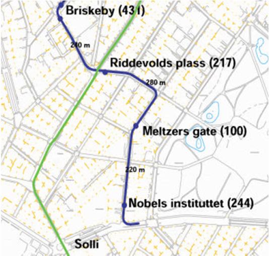 1.3 HOVEDGREP I LØSNINGEN I dagens situasjon går trikken over Briskeby i Inkognitogata (Figur 1, blå linje). Buss linje 21 mellom Helsfyr og Aker Brygge går i Skovveien (Figur 1, grønn linje).