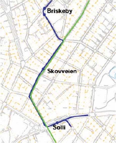 Trikk og buss søkes etablert med felles holdeplass i forbindelse med kryss Colbjørnsens gate. Kryssløsningen ved Riddervolds plass søkes forenklet samtidig som plassen gis en oppgradering.