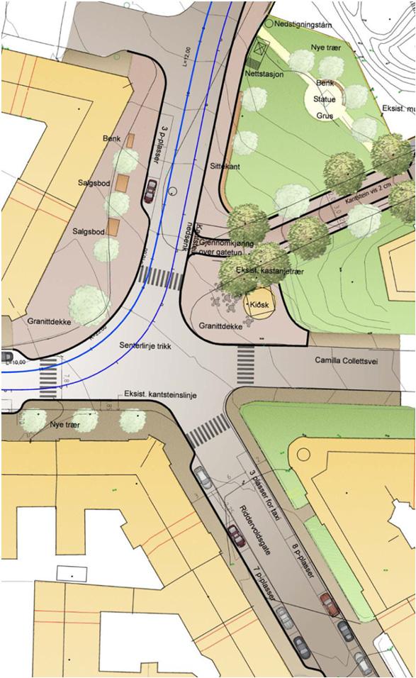 2.4 LØSNING FOR RIDDERVOLDS PLASS Riddervolds plass består av et fem-armet kryss med en park på nordsiden og et større fortausareal på sydsiden.