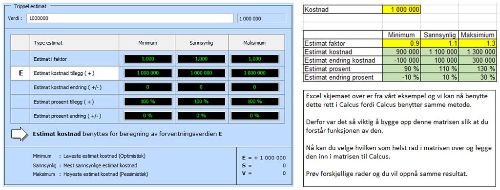 Vi legger inn våre faktorer inn i «Estimat faktor» og vi ser at vi får samme