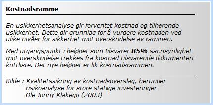 gjenstår beregning usikkerhetsavsetning. Under «Prosjekt data» og «Usikkerhetsfaktorer» så finner vi innstillinger for prosjektets kostnadsramme.