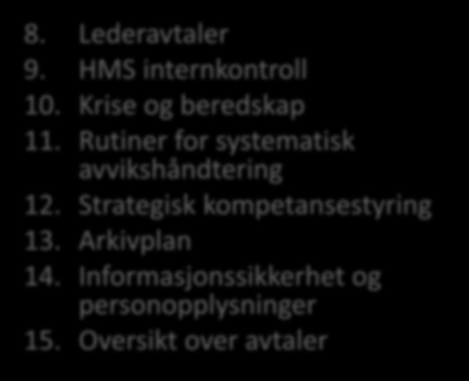 HMS internkontroll 10. Krise og beredskap 11. Rutiner for systematisk avvikshåndtering 12.