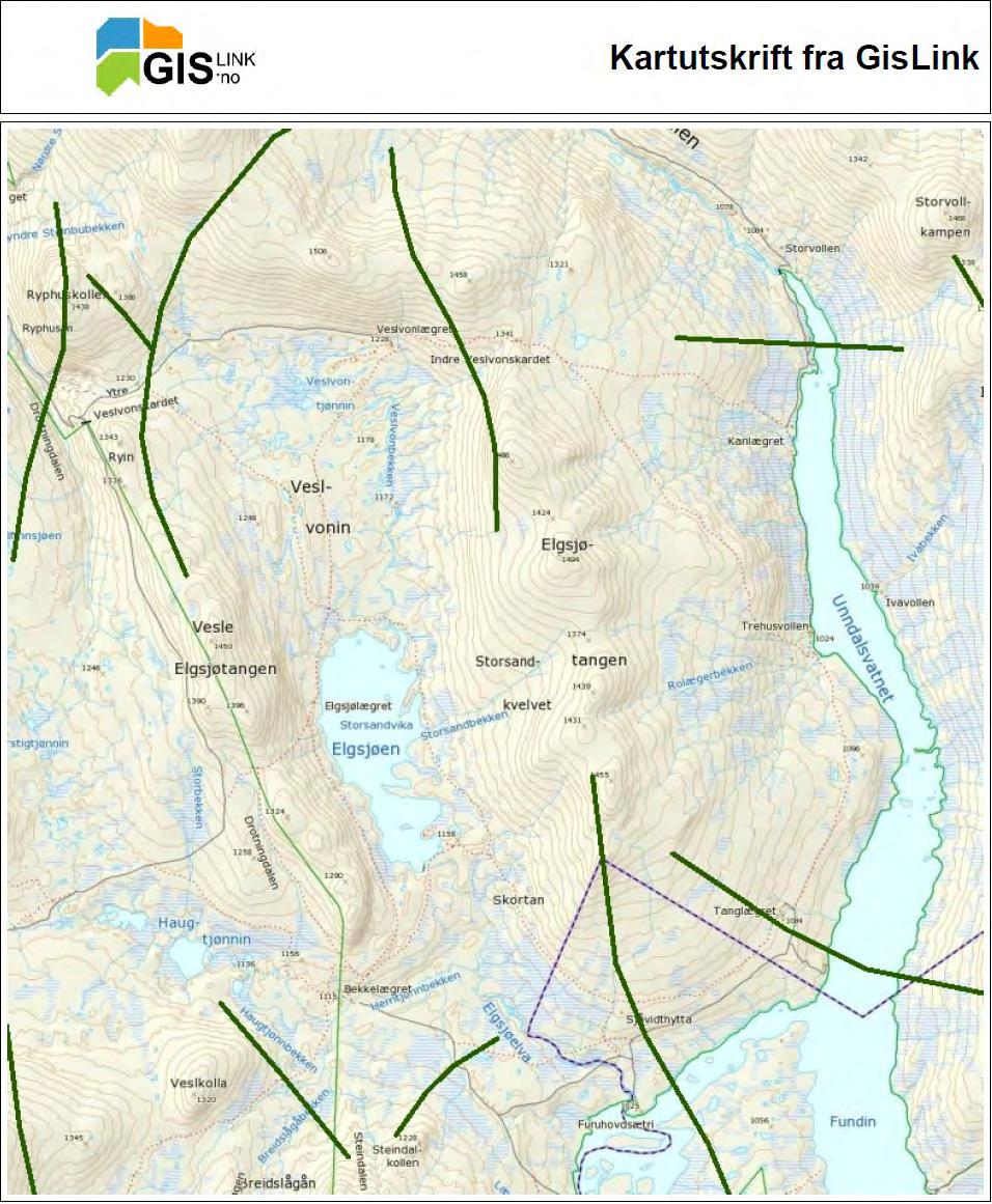 Figur 3: I publiserte kart fra naturbase sees også de klare trekkene farget med grønne fete linjer ovafor Elgsjøtangene, Veslvonskardet og forbi ved Tanglægeret for å nevne noen trekkveier.