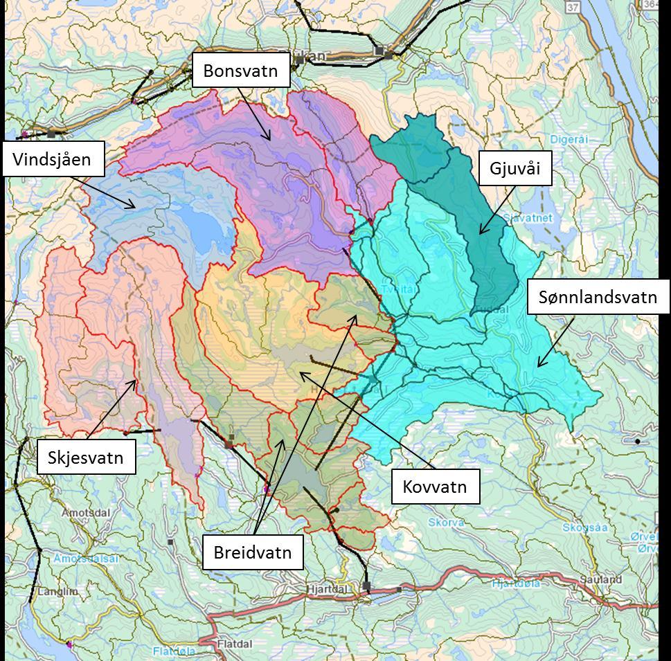 Figur 1: Oversikt over tilløpsfelt for Hjartdøla, Mydalen og Bjordalen. I tillegg vises Sønnlandsvatn og Gjuvåi feltene. Tatt fra rapporten til Trond Rinde (2011).