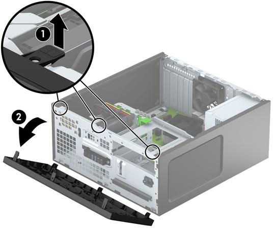 Fjerne frontdekselet 1. Fjern/koble fra eventuelt sikkerhetsutstyr som forhindrer åpning av datamaskinen. 2. Fjern alle flyttbare medier, for eksempel CD-er eller USB-flashstasjoner, fra datamaskinen.