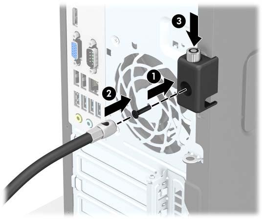 8. Skru låsen fast til kabinettet med skruen som følger med (1). Sett pluggenden av tyverisikringskabelen inn i låsen (2) og trykk knappen inn (3) for å låse igjen låsen.