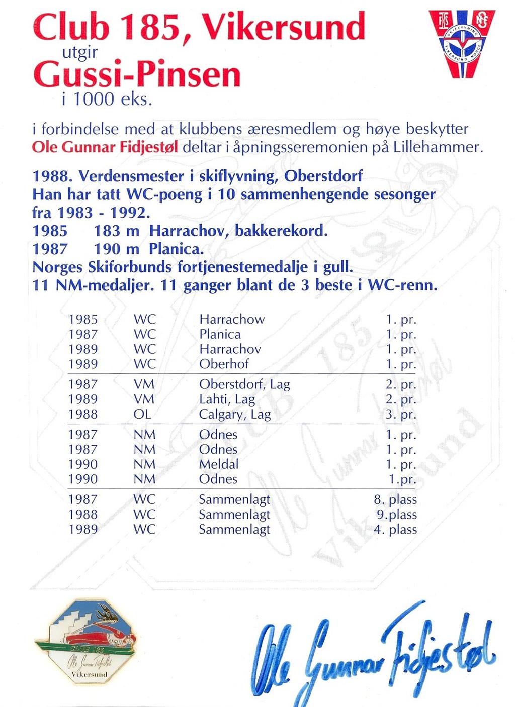 Erik Ekebergs Side 25 av 34 4) Gussipinsen, plakat og pin, (laget av Club 185) Gussipinsen, Club-pins C 4 Gussi er et kallenavn som skihopperen Ole Gunnar Fidjestøl har hatt fra han var smågutt.