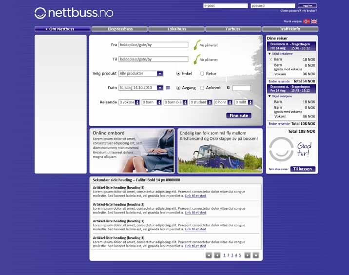 Nettbuss webside Bildet til venstre viser midlertidig versjon