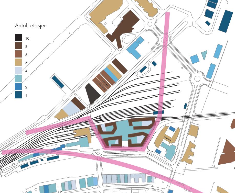 21 Figur 36 Antall etasjer på bebyggelse i området, alternativ 0. Figur 37 Antall etasjer bebyggelse i området, alternativ 1.