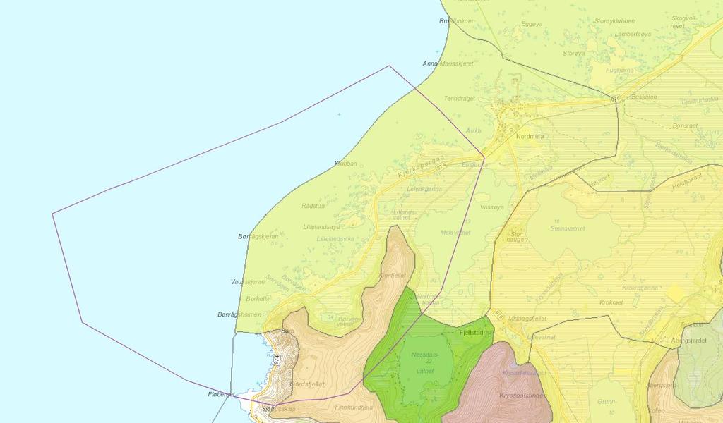± Figur 8 Landskapstyper i planområdet. Planområdet markert med lilla omriss. Kilde; nordlandsatlas.no (http://kart.naturbase.