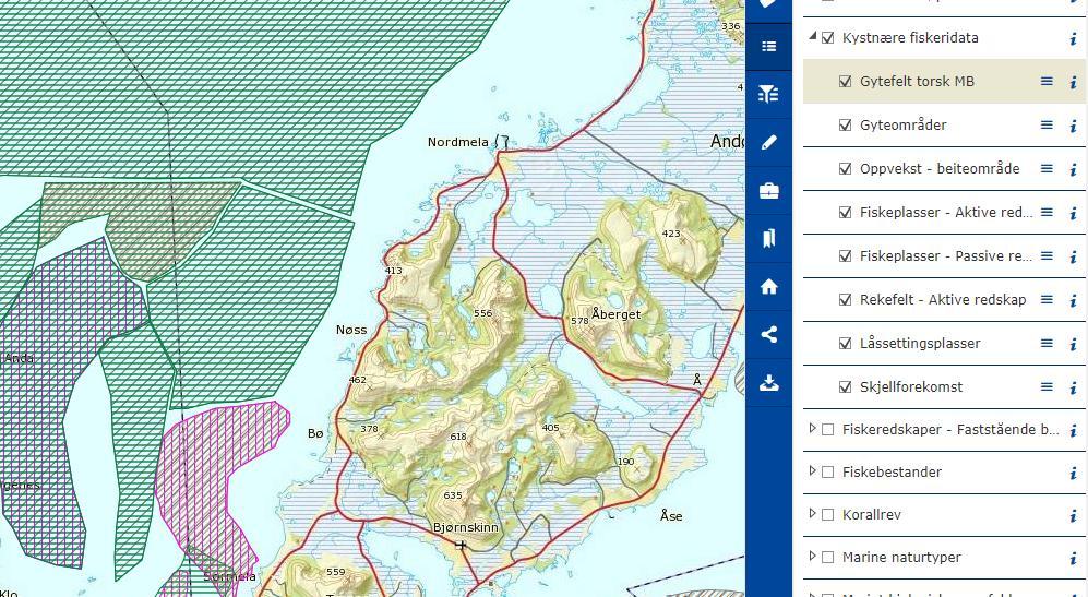 Figur 13. Oversikt over de kystnære fiskeridata utenfor vestkysten av Andøya. 3.11 Teknisk infrastruktur Utover veiforbindelse er det ingen teknisk infrastruktur i planområdet. 3.12 Grunnforhold Geologien i området er i hovedsak grunnfjellsbergarter med gneis og granitt.