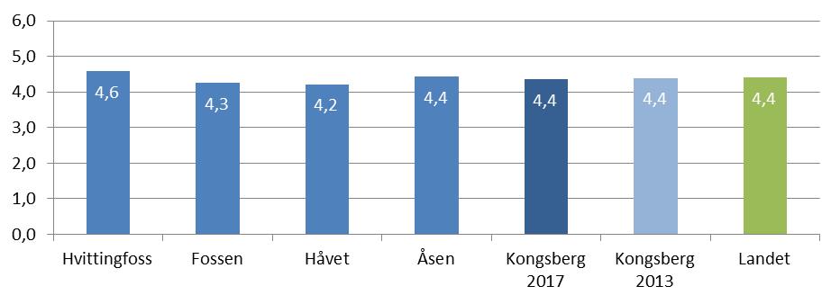 Brukermedvirkning Spørsmål Hvittingfoss Fossen Håvet Åsen Kongsberg Kongsberg 2017 2013 Jeg får være med å bestemme hvilken hjelp jeg skal motta 4,7 4,5 4,4 4,7 4,6 4,7 Jeg får være med å bestemme