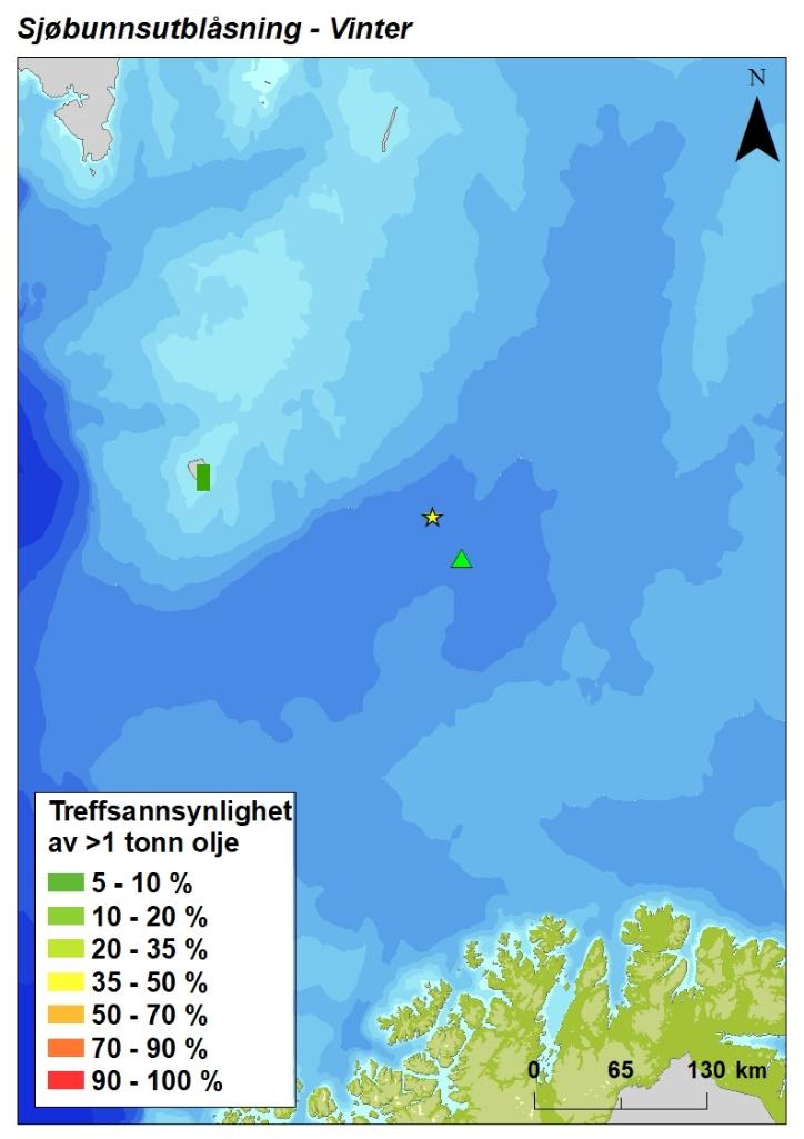 Figur 2-5 Sannsynligheten for treff av mer enn 1 tonn olje i 10 10 km kystruter gitt en sjøbunnsutblåsning fra letebrønnen 7324/3-1 intrepid Eagle i vintersesongen.