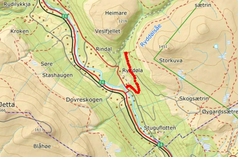 Turmål 1: * Skogsæterlia ved Ryddøla Du følger veien til Skogsætrene. Gjennom bommen og oppover.