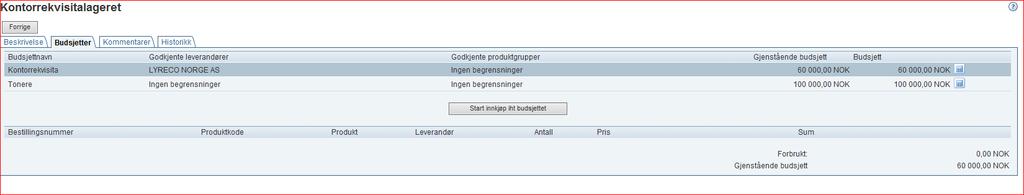 Når planen er åpnet velger man hvilket av budsjettene man vil lage en anmodning mot og trykker på knappen Start innkjøp i hht til budsjettet : Det åpnes da et kontrollpanel for planen som legger seg