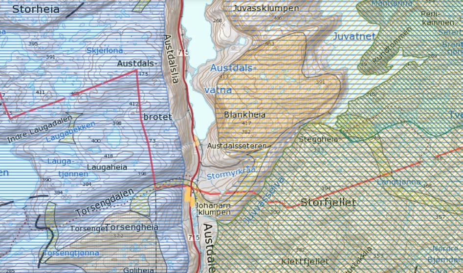 132 kv linjene til traforsstasjon fra Storheia over Austdalen vil krysse flyttleien i Storheia også som ses helt toppen av kartet. Kilde: Statens reindriftskart. Fig.