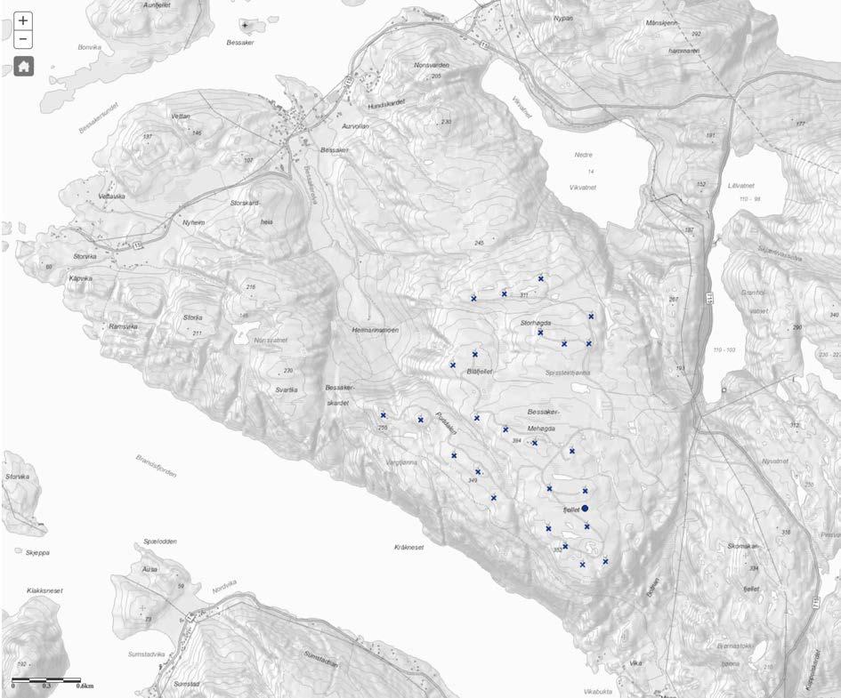 Figur 17: Oversiktskart over plassering av vindturbinene. Annleggsvei og andre utbygninger tilknyttet Bessakerfjellet vindkraftverk kan også være synlige (kart fra: http://gis3.nve.no/link/?