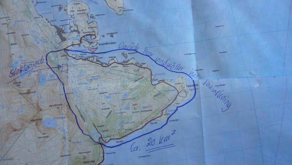 Figur 26: Nedtegnet område hvor Fakken vindmøllepark har hatt innvirkning på reinens bruk. Reindriften har et gjerdeanlegg vist på kartet i den nord-vestlige delen av influenssonen.