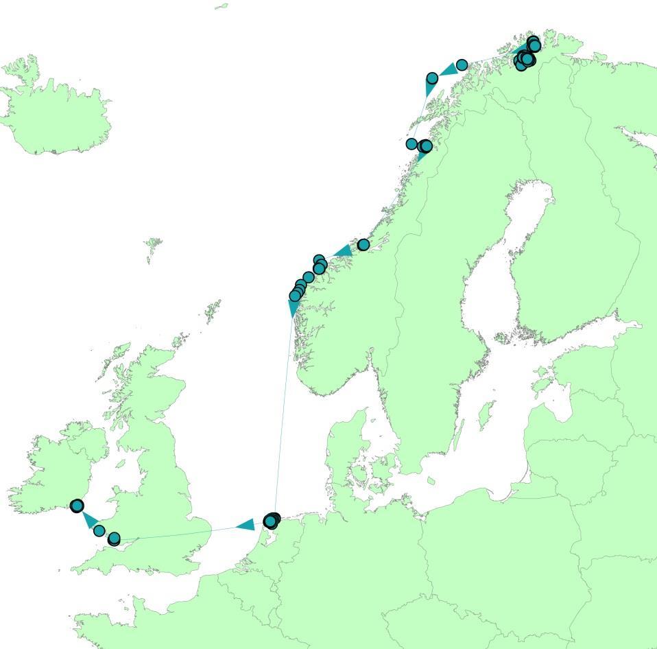 Trekkrute for lappspovehannen (JJH6) utstyrt med