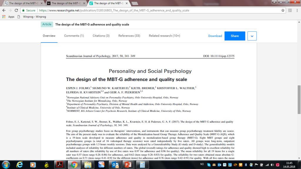 Reliabilitet av skåringer SPECIAL SECTION: PERSONALITY DISORDERS The MBT Adherence and Competence Scale (MBT-ACS): Development, structure and reliability Sigmund