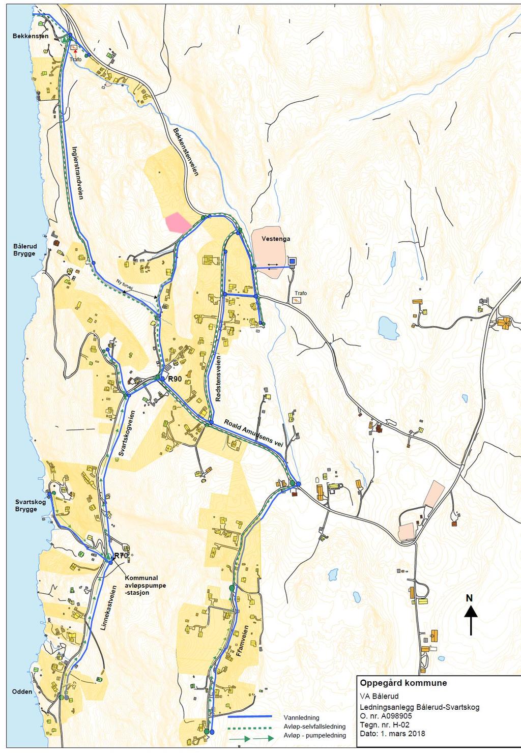 Ledningsnettet på Bålerud Blått = vannledning Grønt = spillvann.