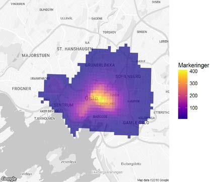 (b) Antall registrerte områder som overlapper med rutene i et rutenett på 100 m 100 m. Figur 3 Sentrumsregistreringer i mai juni. 1312 områder registrert av 1008 respondenter.