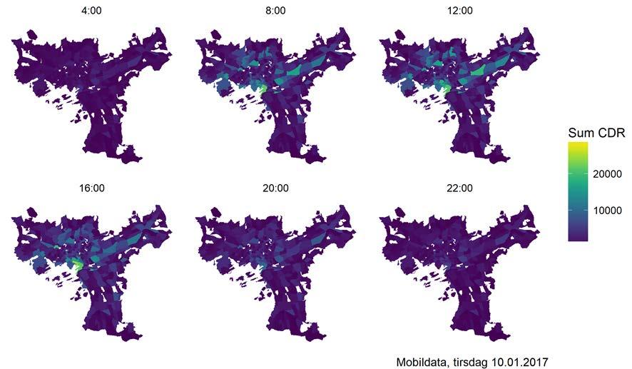 Figur 23 Sum CDR per grunnkrets for seks ulike klokketimer i Oslo tirsdag 10. januar 2017. Kartene viser at det er lavest aktivitet om natten, og at det er høyere aktivitet i sentrum mellom kl.