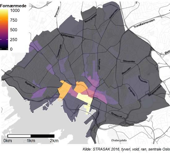 Figur 36 Antall fornærmede per grunnkrets i 2016. Personrettet kriminalitet. Figur 37 Antall forhold per grunnkrets i 2016. Byromsrettet kriminalitet.