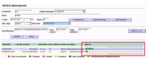 Kuren er nå ferdig planlagt. Hvis kuren ikke er godkjent av lege vil firkantene i matrisen være sorte også etter tidfestet behandling.