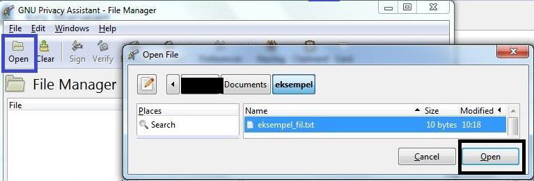 Kryptering en fil før utsendelse 1. Åpne File Manager-visningen fra ved å velge denne fra Windows-valget i menylinjen. 2. Klikk Open-ikonet i File Manager-vinduet.