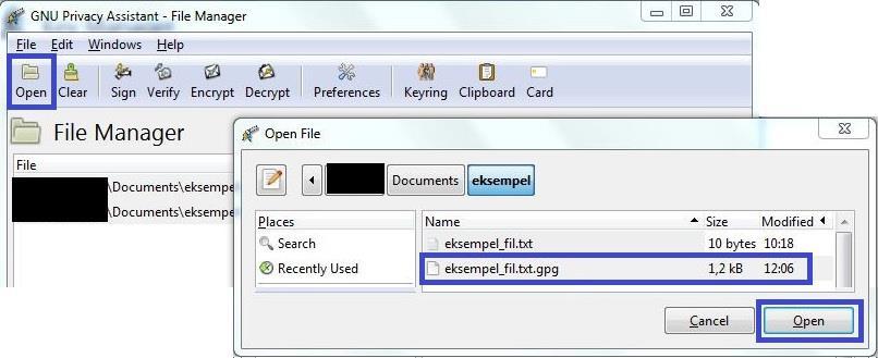 asc eller.gpg som filendelse. Dekryptere fil 1. Åpne File Manager-visningen. 2. Klikk Open i File Manger-vinduet. Figur 16: Dekryptere fil 3.