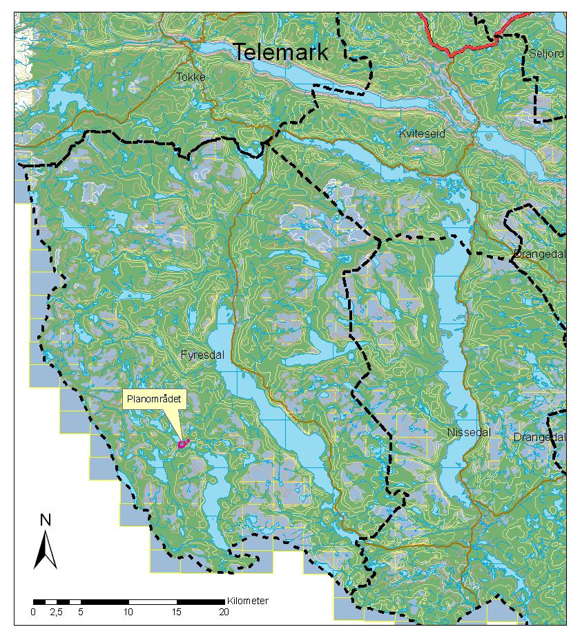Området Planområdet ligger i Fyresdal kommune (se oversiktskart side 3, 6 og 7), like ved grensa til