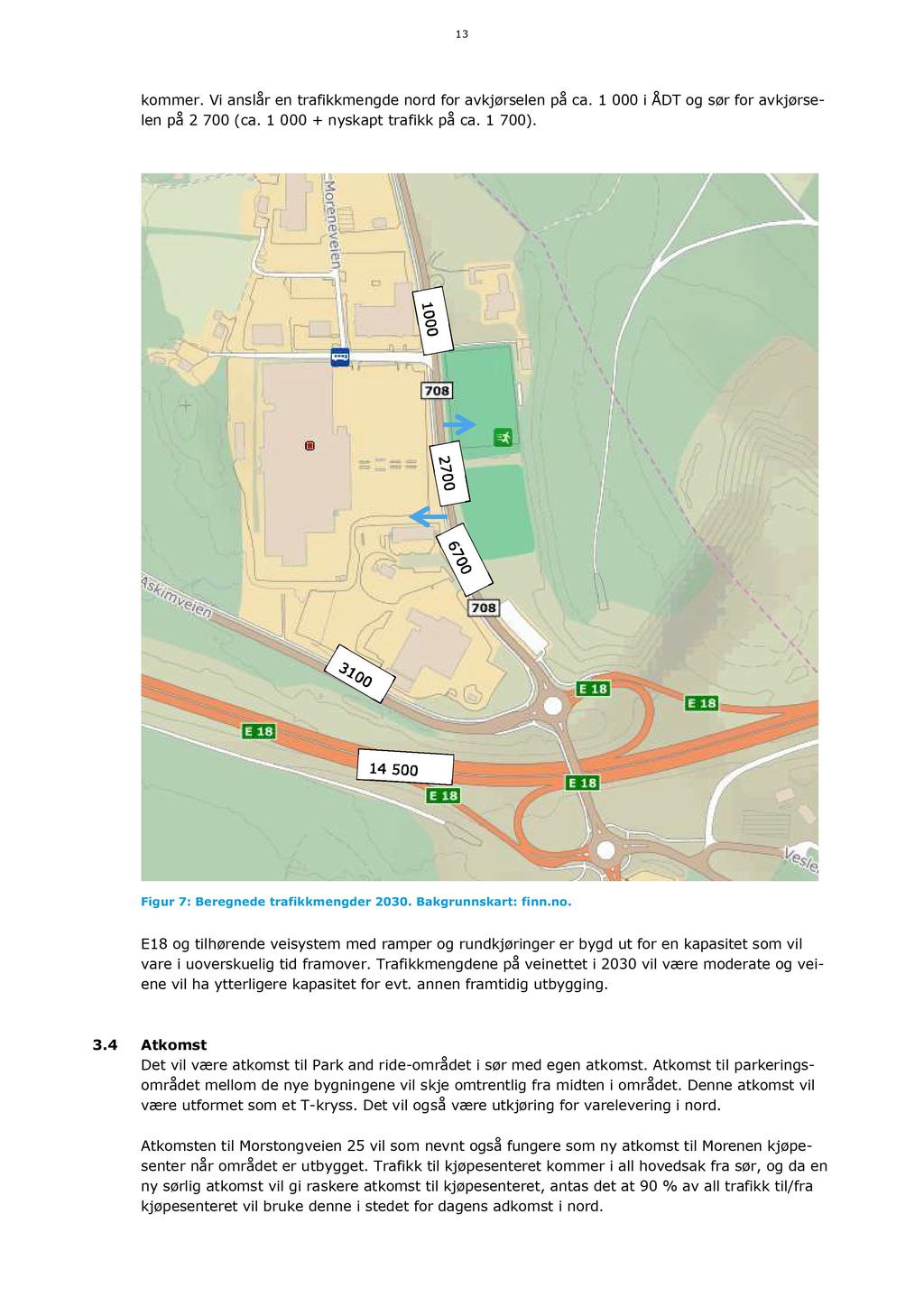 13 kommer. Vi anslår en trafikkmengde nord for avkjørselen på ca. 1 000 i ÅDT og sør for avkjørselen på 2 700 (ca. 1 000 + nyskapt trafikk på ca. 1 700). Figur 7: Beregnede trafikkmengder 2030.