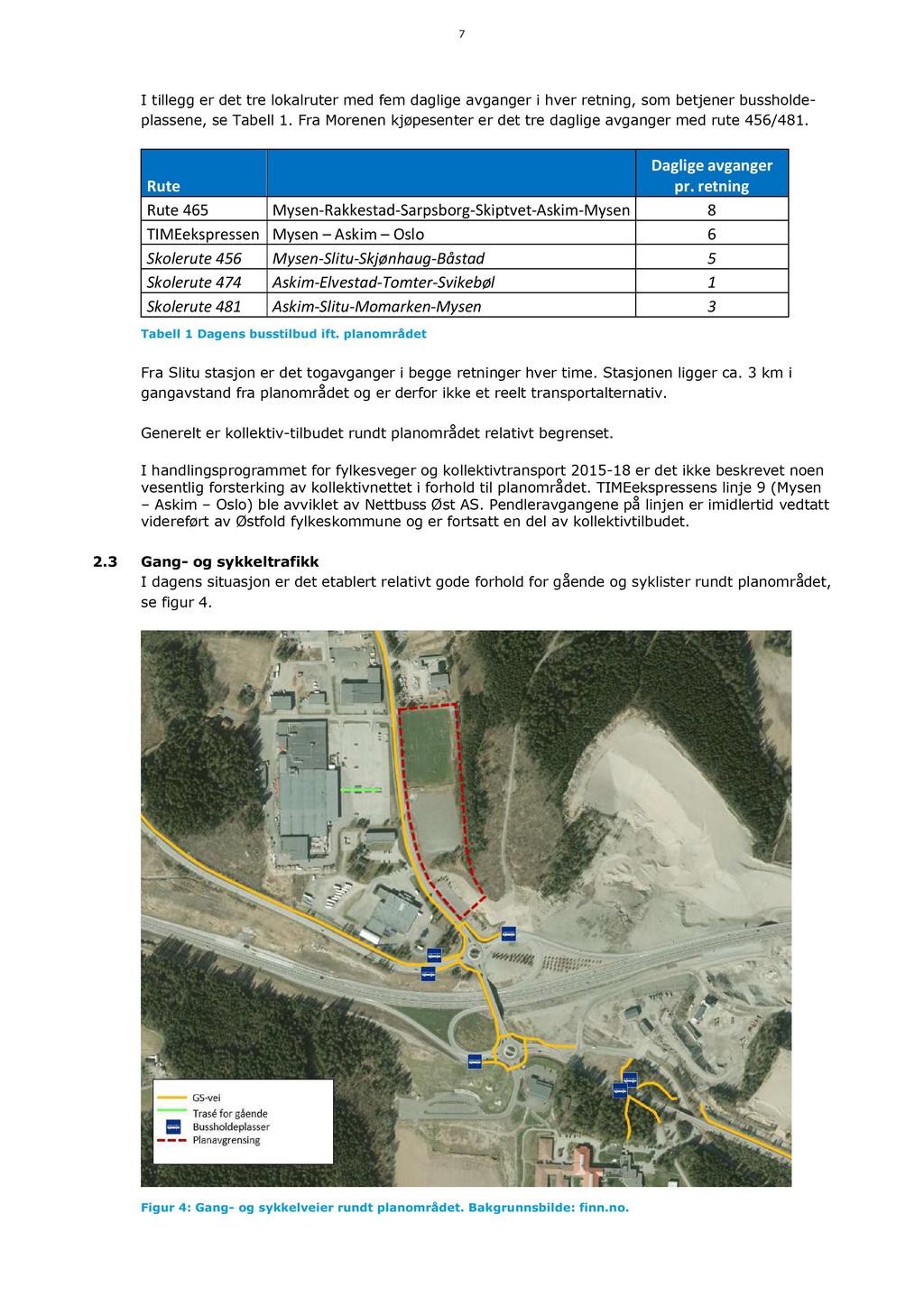 7 I tillegg er det tre lokalruter med fem daglige avganger i hver retning, som betjener bussholdeplassene, se Tabell 1. Fra Morenen kjøpesenter er det tre daglige avganger med rute 456/481.