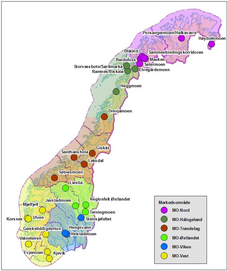 Figur 1: De 30 skyte- og øvingsfeltene som