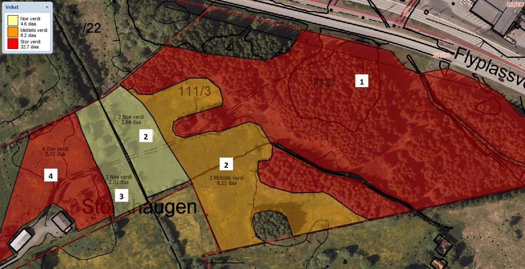 Figur 12. Bruk 111/3 NB! Illustrasjonen gjelder B-sjiktet. Bnr. 3 teig 2 Dette er en fulldyrka teig 11,1 daa øst for Storaveita. Her er også en skogkledt kolle på 0,6 daa som vi har sett vekk fra.