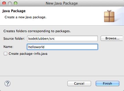 Alternativt kan du høyre-klikke på src-mappa og velge New > Package. Du vil da få opp et skjema hvor du kan skrive inn hvilken kode-mappe ( Source Folder ) som pakken skal puttes i og pakke-navnet.