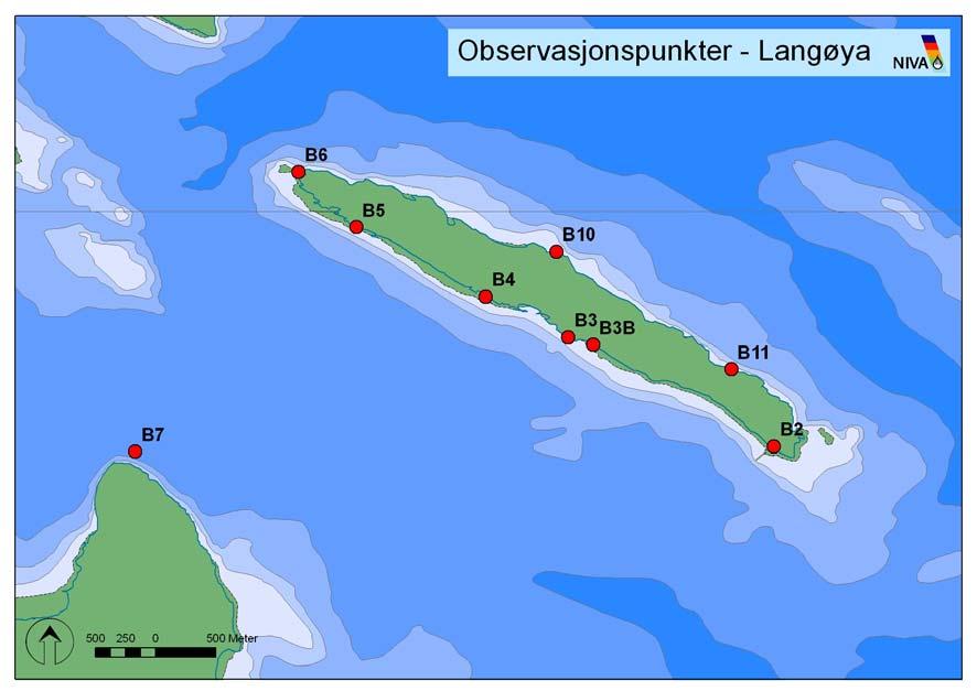 Figur 2. Langøya med plassering av blåskjellstasjoner. Kontrollstasjonen () ligger på Mølen, ca 5km øst for Langøya og utenfor kartutsnittet.. Strandsoneregistreringer utføres på stasjon, og.