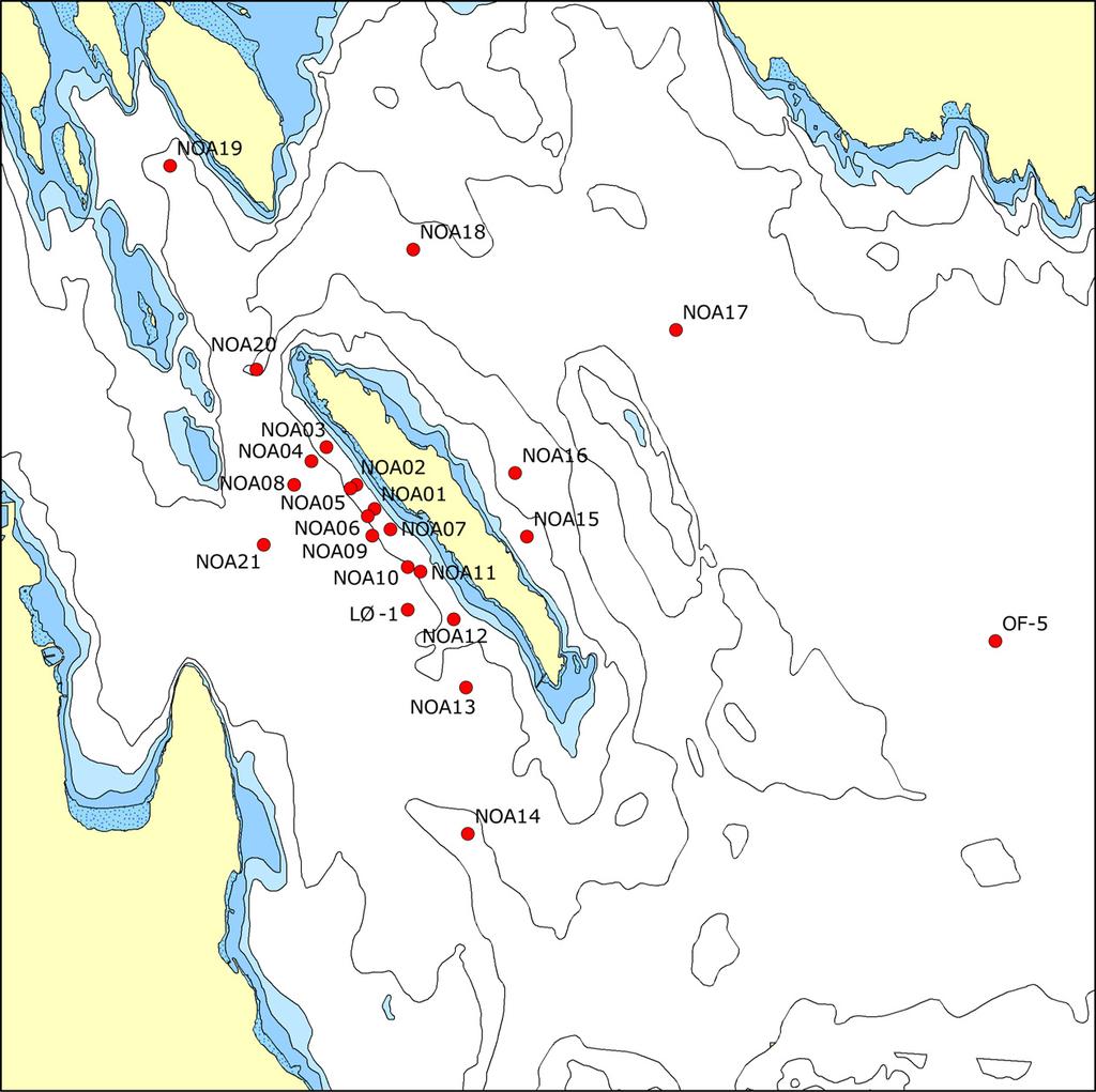 2.4 Sedimentundersøkelser Feltarbeidet ble gjennomført i juni 29 fra F/F Trygve Braarud tilhørende Universitetet i Oslo. Stasjonsplasseringen er vist i Figur 4.