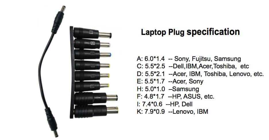 EN Laptop Plug specification NO Spesifikasjon for kontakt til bærbar PC A: 6.0*1.4 - Sony, Fujitsu, Samsung A: 6.0*1.4 - Sony, Fujitsu, Samsung C: 5.5*2.5 - Dell, IBM, Acer, Toshiba. etc. D: 5.5*2.1 - Acer, IBM, Toshiba, Lenovo, etc.