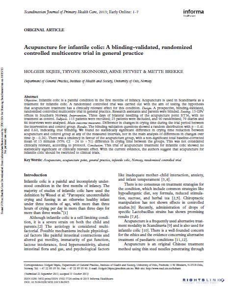 Acupuncture for infantile colic: A blinding-validated, randomized controlled multicentre trial in general practice.