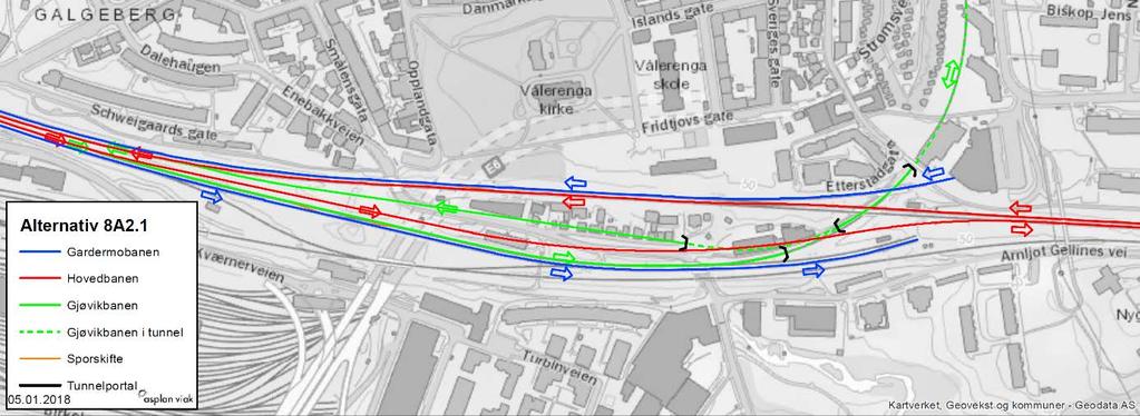 31 av 62 2.2.2 Alternativ 1 (8A2.1) Figur 2-3 Prinsippskisse av alternativ 1 (8A2.1) for kapasitetsøkende tiltak for jernbanen i Brynsbakken (Kilde: Bane NOR / Asplan Viak). Alternativ 1 (8A2.1) innebærer at ny inngående Gardermobane vil følge dagens trasé.