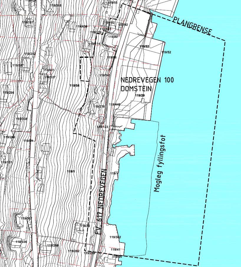 Nordplan side 2 av 6 Nedkopiert kart som syner avgrensinga i planarbeidet. Fv. 617, Nedrevegen passerar sentralt gjennom planområdet. Planområdet omfattar eit areal på 52,1 daa.