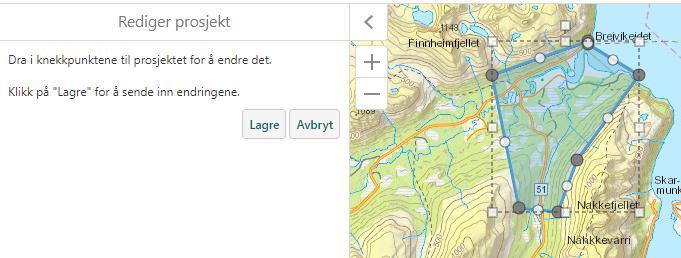 Velg «Rediger prosjektgeometri» og velg prosjekt du vil redigere. Du kan redigere ved å dra i punkt, slette punkt og etablere nye punkt på linja.