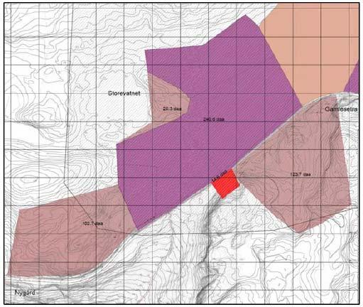 Lysare brun/lilla sør og vest for dette syner planlagt avgrensing av