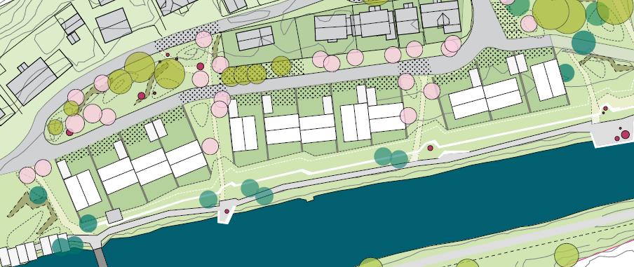 Byggjeområde #1 Stasjonsområdet Utbygging rekkjehus Det er lagt til grunn ein grunnflate:9*12 m ut ifrå eit ønskje om å få to bueiningar i kvart bygg